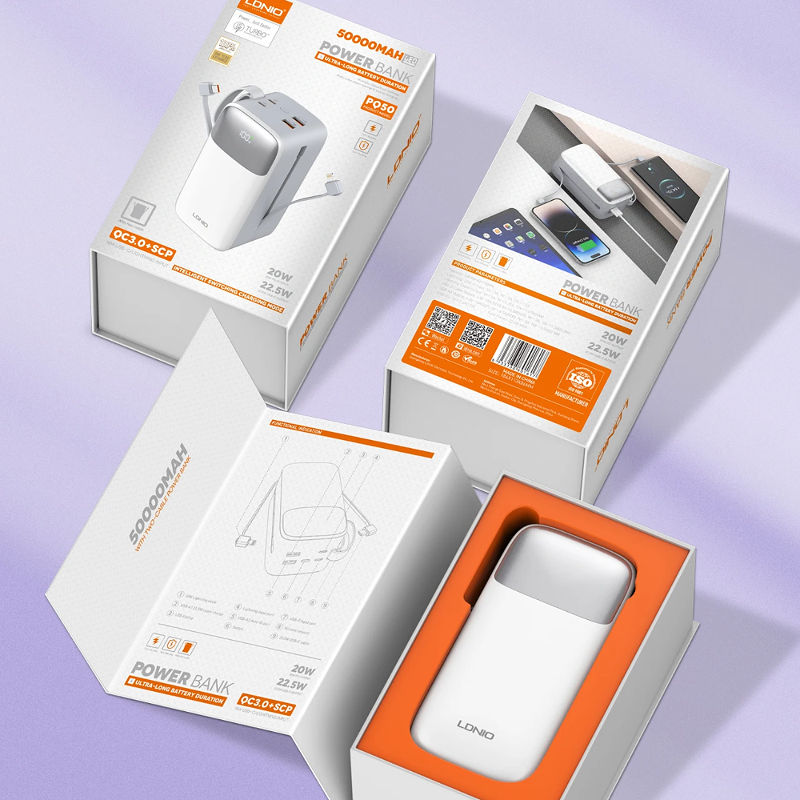 Ldnio Fast Charging Massive 50000 mAh Power bank with Type C and iPhone cables attached