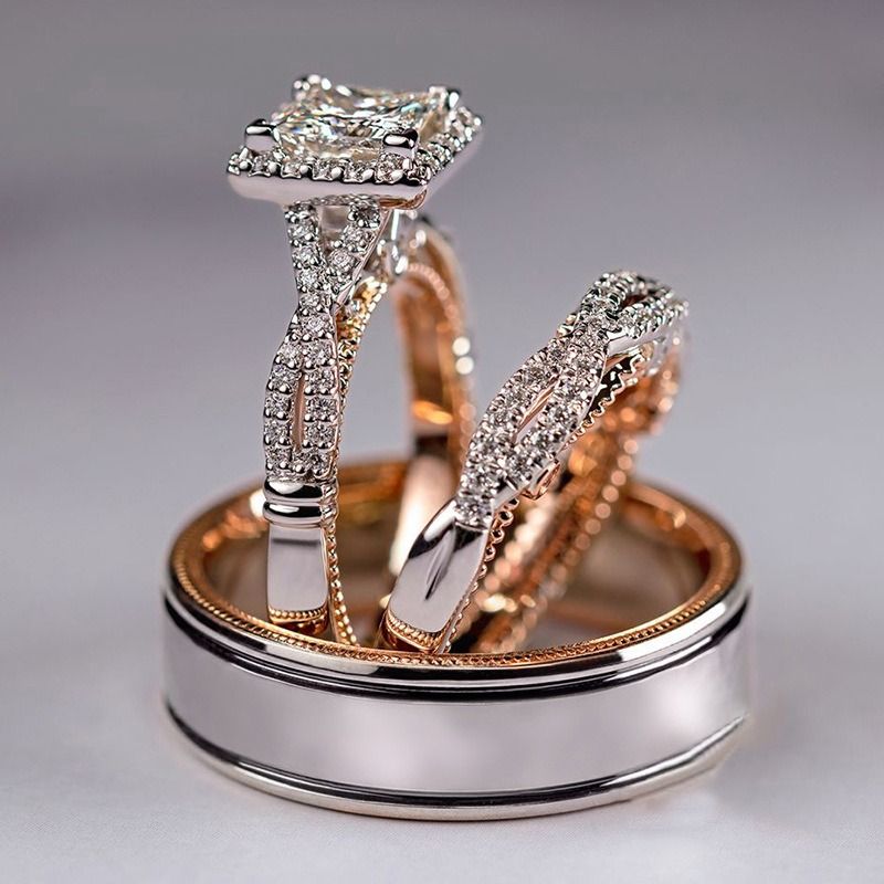1/2/3 Pcs/Set Rose Gold Sparkling Zircon Rings Set For Ladies Luxury Proposal Engagement Rings Original Wedding Jewelry Gift