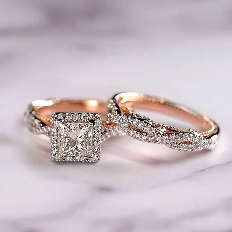1/2/3 Pcs/Set Rose Gold Sparkling Zircon Rings Set For Ladies Luxury Proposal Engagement Rings Original Wedding Jewelry Gift