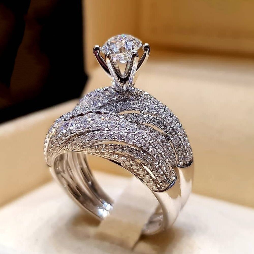1/2/3 Pcs/Set Rose Gold Sparkling Zircon Rings Set For Ladies Luxury Proposal Engagement Rings Original Wedding Jewelry Gift