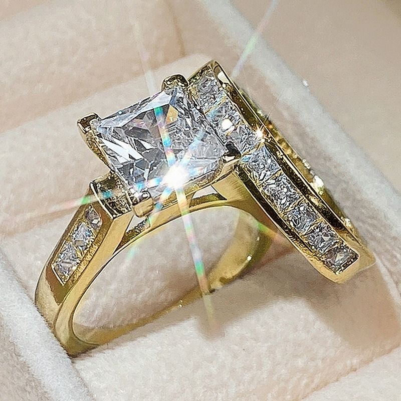 Couple Ring 2PCS 925 Sterling Silver Bridal Suit Gold Square Ring Round Cut Cubic Zirconia Promise Rings Classical Eternity Engagement Wedding Band Ring Set for Women