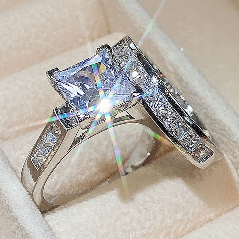 Couple Ring 2PCS 925 Sterling Silver Bridal Suit Gold Square Ring Round Cut Cubic Zirconia Promise Rings Classical Eternity Engagement Wedding Band Ring Set for Women