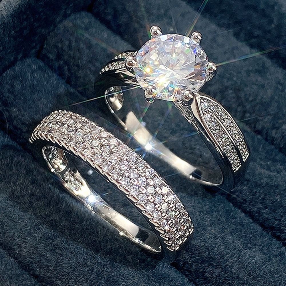 Couple Ring 2PCS 925 Sterling Silver Bridal Suit Gold Square Ring Round Cut Cubic Zirconia Promise Rings Classical Eternity Engagement Wedding Band Ring Set for Women