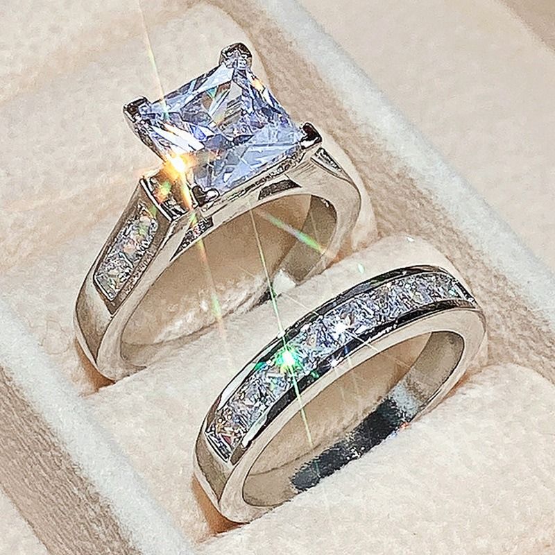 Couple Ring 2PCS 925 Sterling Silver Bridal Suit Gold Square Ring Round Cut Cubic Zirconia Promise Rings Classical Eternity Engagement Wedding Band Ring Set for Women