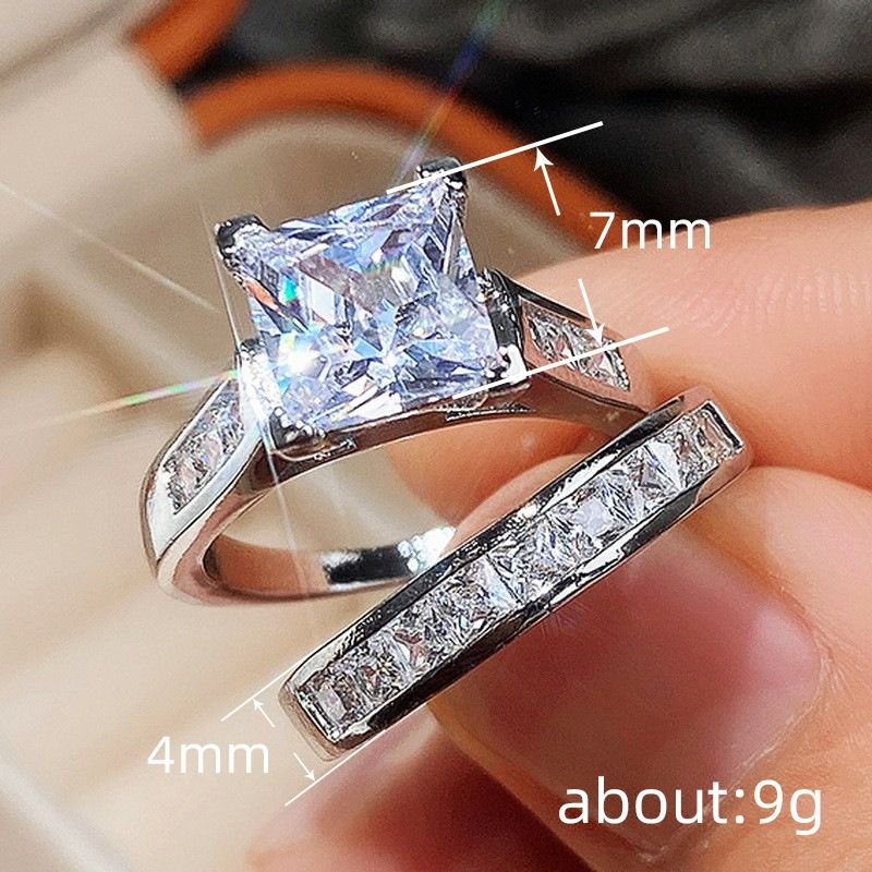Couple Ring 2PCS 925 Sterling Silver Bridal Suit Gold Square Ring Round Cut Cubic Zirconia Promise Rings Classical Eternity Engagement Wedding Band Ring Set for Women