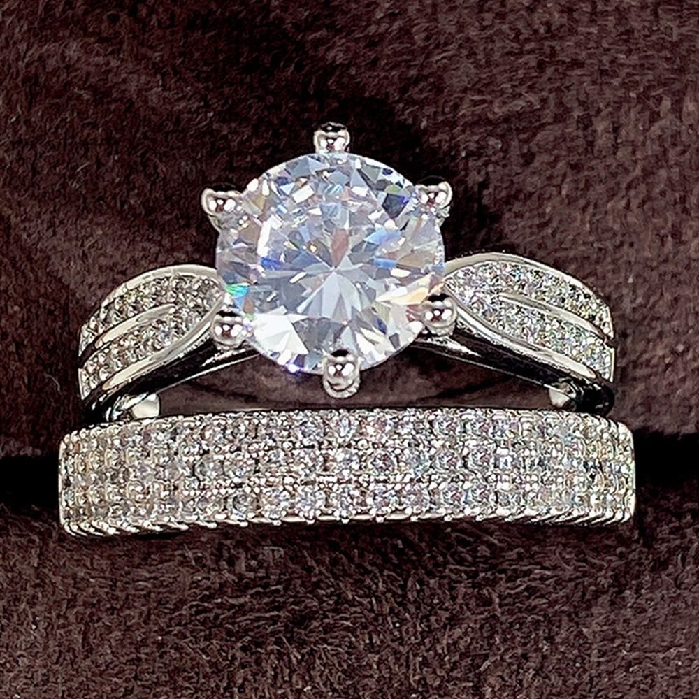 Couple Ring 2PCS 925 Sterling Silver Bridal Suit Gold Square Ring Round Cut Cubic Zirconia Promise Rings Classical Eternity Engagement Wedding Band Ring Set for Women