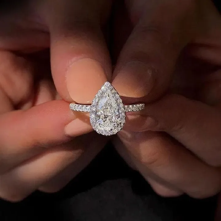 3.75 Carat White Pear Cut Top & Side Halo Lab Created Diamond Engagement Ring In 14k White Yellow Rose Gold For Women