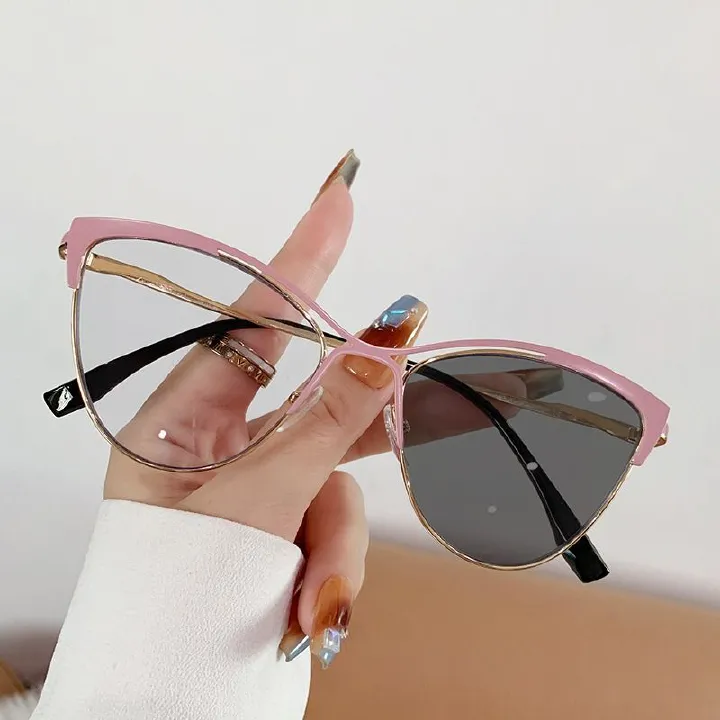 Vintage Cat Eye Women Hollow Out Sunglasses Pink Sun Glasses Metal Frame Mirror Lens Eyewear