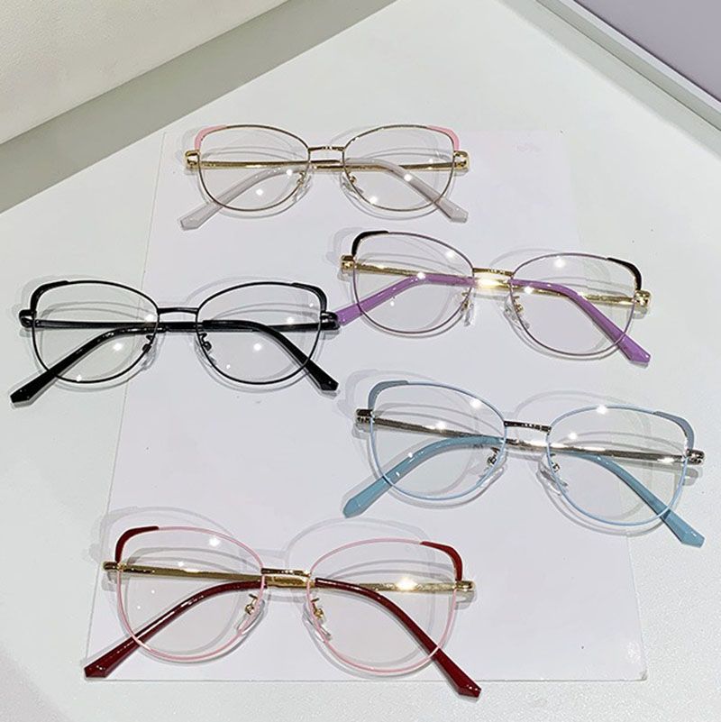 Women's Metal Cat Eye Photochromic Glasses Pink & Blue Anti-Blue Light for Reading Photographic Gray Antireflective Blue Lens