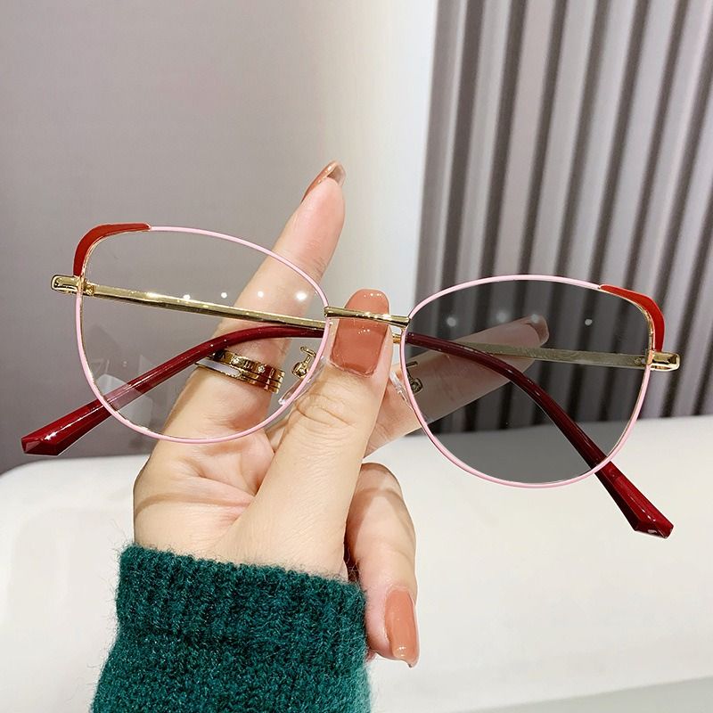 Women's Metal Cat Eye Photochromic Glasses Pink & Blue Anti-Blue Light for Reading Photographic Gray Antireflective Blue Lens
