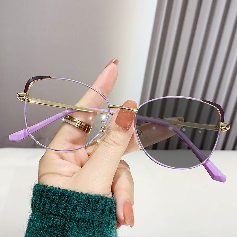 Women's Metal Cat Eye Photochromic Glasses Pink & Blue Anti-Blue Light for Reading Photographic Gray Antireflective Blue Lens