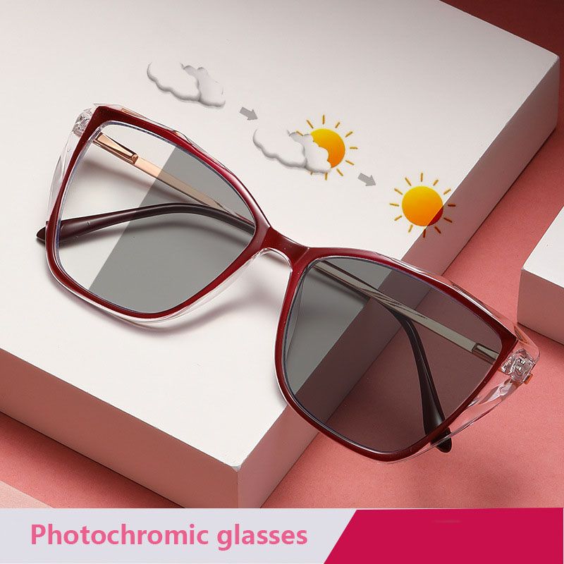 1pc Red Photochromic Blue Light Blocking Glasses - Stylish Cat-Eye Frames with Clear Lenses, Protects Eyes from Digital Strain & Sunlight, Includes Case, Eye Protection