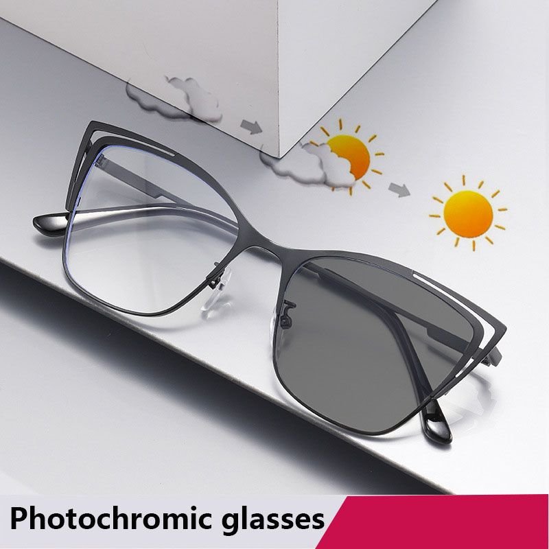 1pc Women's Photochromic Fashion Glasses with Cat Eye Metal Frame and Hollow Design Set with Diamonds, Suitable for Driving and Daily Wear