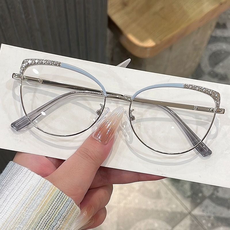 Diamond Anti Radiation Blue Light Blocking Glasses Cat Eye Spectacle Frame Metal for Women Rhinestone Computer Eyewear
