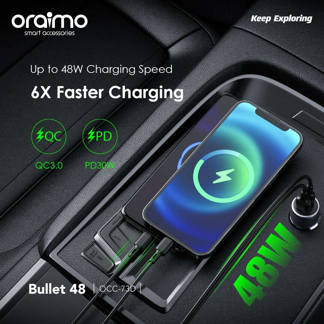 Oraimo 48W Fast Charging Compact Safe Car Charger Adapter