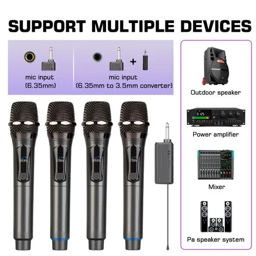 4 Channel UHF Wireless Microphone System with Handheld Dynamic Mics, 5x 1200mAh Rechargeable Receivers for Karaoke, PA, DJ Parties, Events, Clear Sound & Long-Range Performance