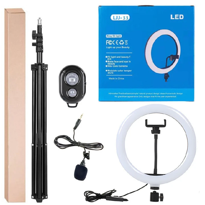 4-in-1 13-Inch LED Ring Light with 2.1M Tripod – Dimmable Beauty Ring Light with Free Microphone and Remote for Selfie, Live Streaming, Makeup, YouTube, TikTok, and Photography