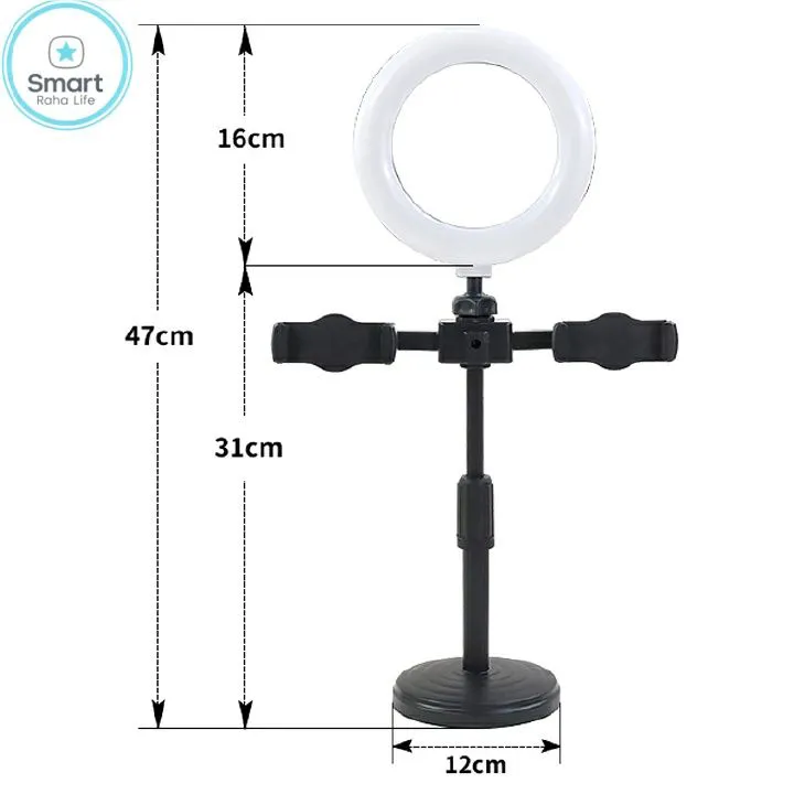 Smartrahalife RAHA Double Phone Tripod Stand with Ring Light, 3-Color Dimmable Selfie Lamp, 360° Rotatable Bracket for TikTok, YouTube, Makeup, Stable Holder with Stick