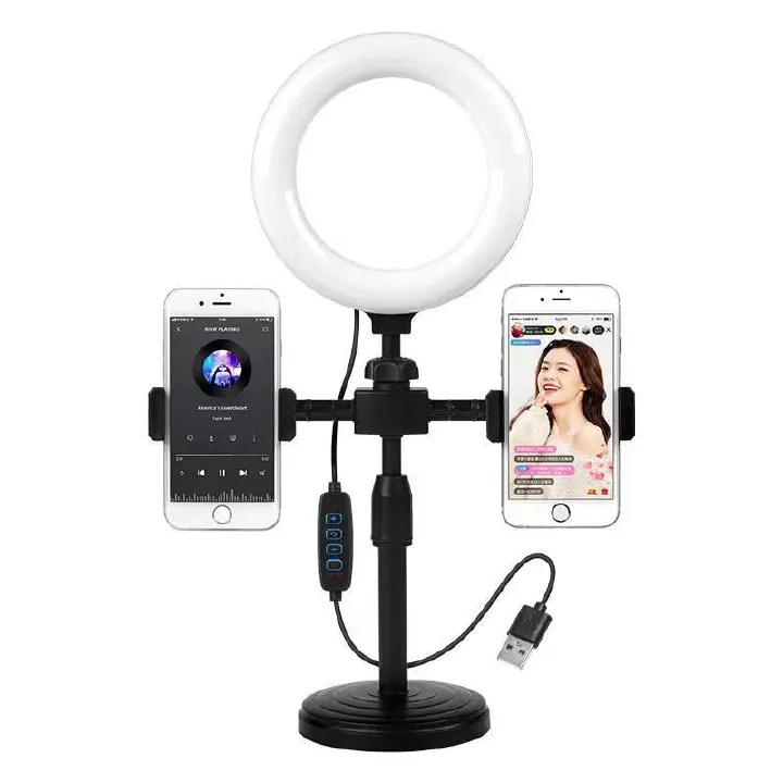 Smartrahalife RAHA Double Phone Tripod Stand with Ring Light, 3-Color Dimmable Selfie Lamp, 360° Rotatable Bracket for TikTok, YouTube, Makeup, Stable Holder with Stick