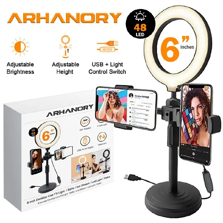 Smartrahalife Double Phone Tripod Stand with Ring Light, Adjustable Selfie Stick, Live Streaming Bracket, 3-Color Dimmable Lighting, 360° Rotatable Spin for TikTok, YouTube, and Makeup Videos