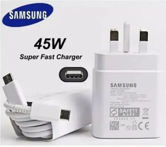 Samsung 45W Super Fast Charger with 5A USB-C to USB-C Cable Original PD Adapter Rapid Charging for Smartphones, Tablets, and Samsung Devices High-Speed Power Delivery Adapter