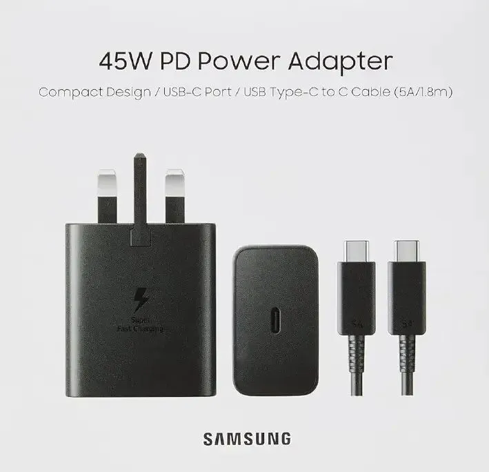Samsung 45W Super Fast Charger with 5A USB-C to USB-C Cable Original PD Adapter Rapid Charging for Smartphones, Tablets, and Samsung Devices High-Speed Power Delivery Adapter