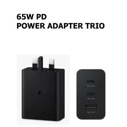Samsung 65W PD Power Adapter Trio SuperFast Charger with 3 Ports USB-C x2, USB-A & USB-C Cable Fast Charger for Samsung Smartphones & Tablets