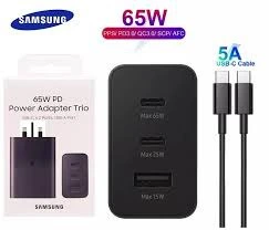 Samsung 65W PD Power Adapter Trio SuperFast Charger with 3 Ports USB-C x2, USB-A & USB-C Cable Fast Charger for Samsung Smartphones & Tablets