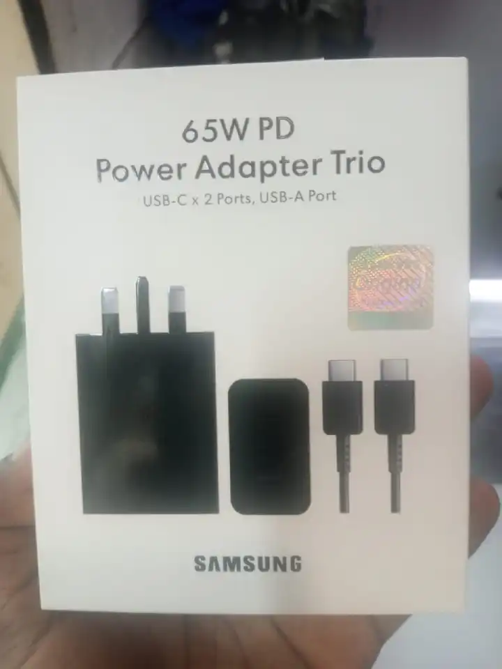 Samsung 65W PD Power Adapter Trio SuperFast Charger with 3 Ports USB-C x2, USB-A & USB-C Cable Fast Charger for Samsung Smartphones & Tablets
