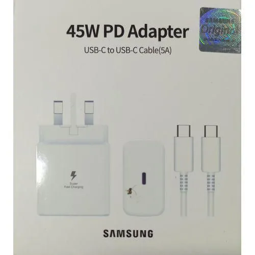 Samsung 45W Super Fast Charger White with USB-C to USB-C Cable Full Adapter High-Speed Charging for Smartphones & Tablets