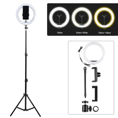 10-Inch Ring Light with 2.1M Tripod Stand, Dimmable LED, 3 Color Modes for Live Streaming, TikTok, Makeup, YouTube, Photography, Podcasts, Salon, and Studio Lighting