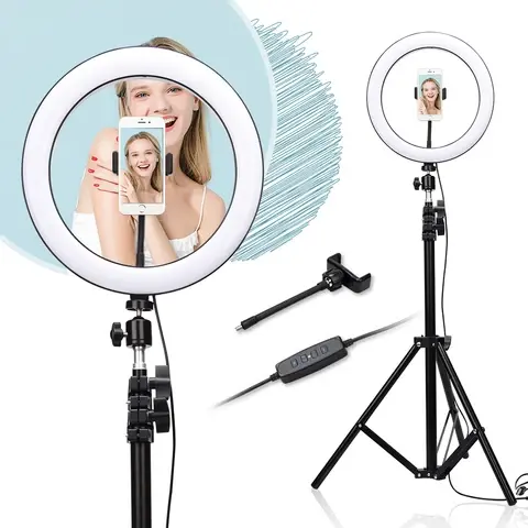 10-Inch Ring Light with 2.1M Tripod Stand, Dimmable LED, 3 Color Modes for Live Streaming, TikTok, Makeup, YouTube, Photography, Podcasts, Salon, and Studio Lighting