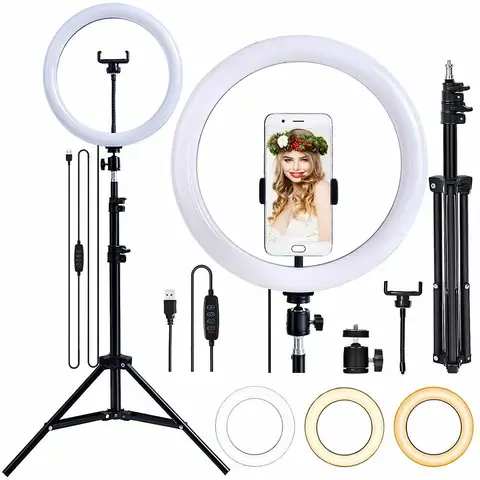 10-Inch Ring Light with 2.1M Tripod Stand, Dimmable LED, 3 Color Modes for Live Streaming, TikTok, Makeup, YouTube, Photography, Podcasts, Salon, and Studio Lighting