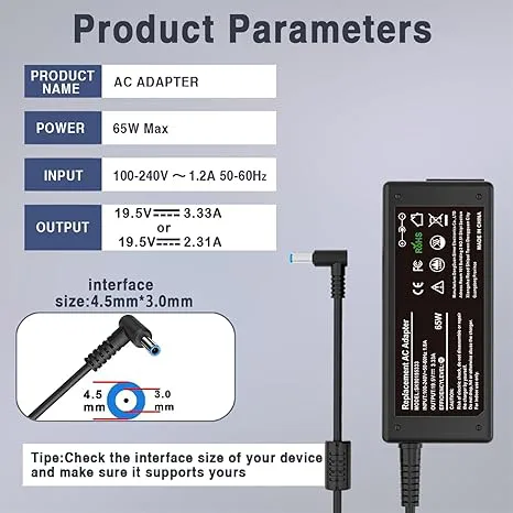 {Complete} HP BLUE PIN LAPTOP CHARGER USED IN VARIOUS HP LAPTOPS INCLUDING MODELS LIKE HP PROBOOK 11 G2, 840 G3,G5,G6,G7 etc.CARRIES WITH IT AN ADAPTER OF 65W(19.5V,3.33A)AND A DISTINCTIVE