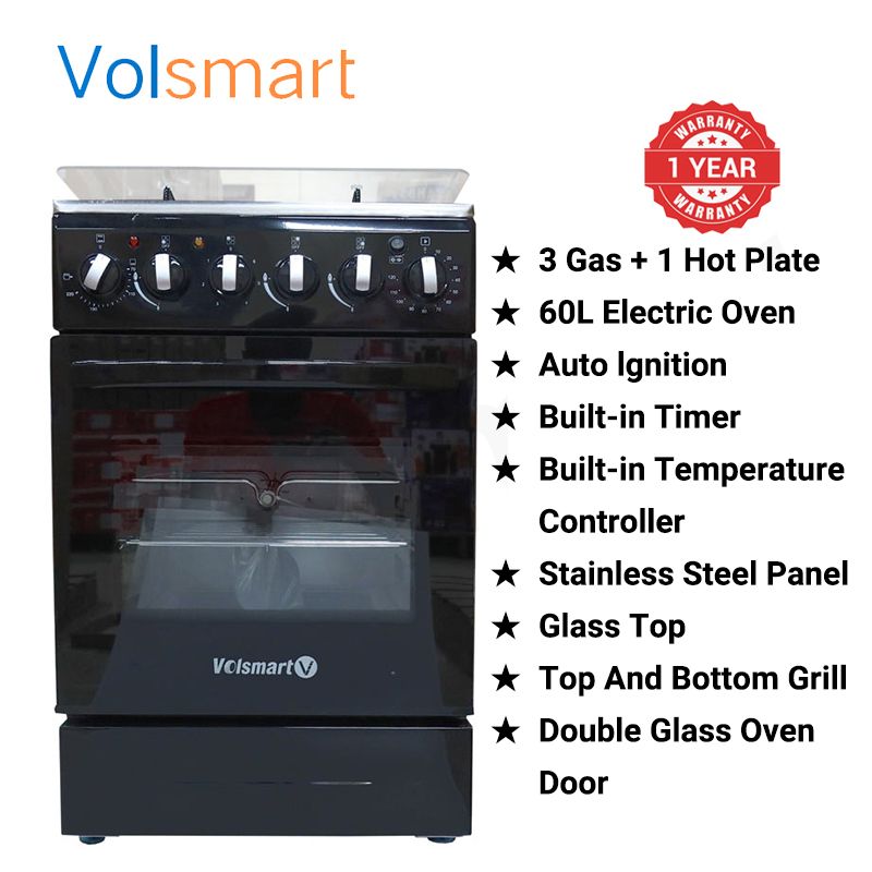Volsmart 3 Gas + 1 Electric 4 Burners Automatic Lgnition VGS-581 Free Standing Gas Cooker Cooking Range with 60L Oven