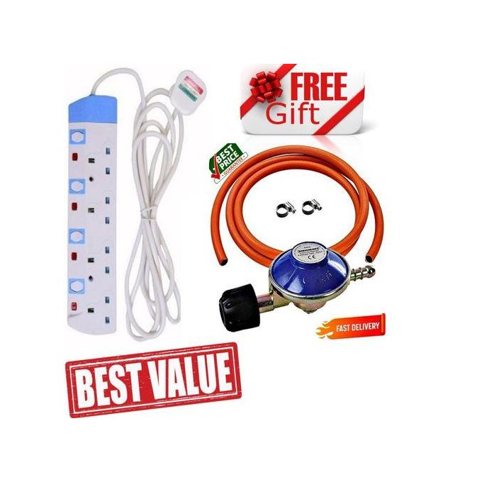 Power King 4 way power extension with switch + 6KG GAS REGULATOR + pipe and clips