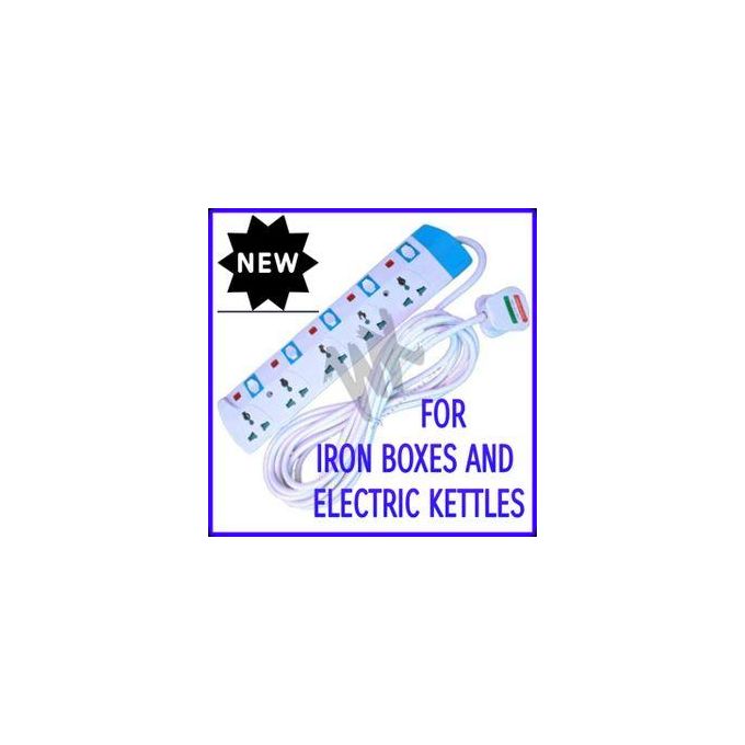 Power King COMMERCIAL & Home Best Iron Box And Electric Kettle Support 5 Way Power Extension-White/ Blue.
