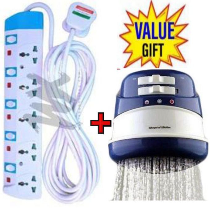 Power King HOME BEST 5 WAY POWER EXTENSION WITH LONG CABLE FOR ELECTRONIC DEVICES+ FREE HORIZON INSTANT HOT WATER SHOWER FOR FRESH AND SALTY WATER