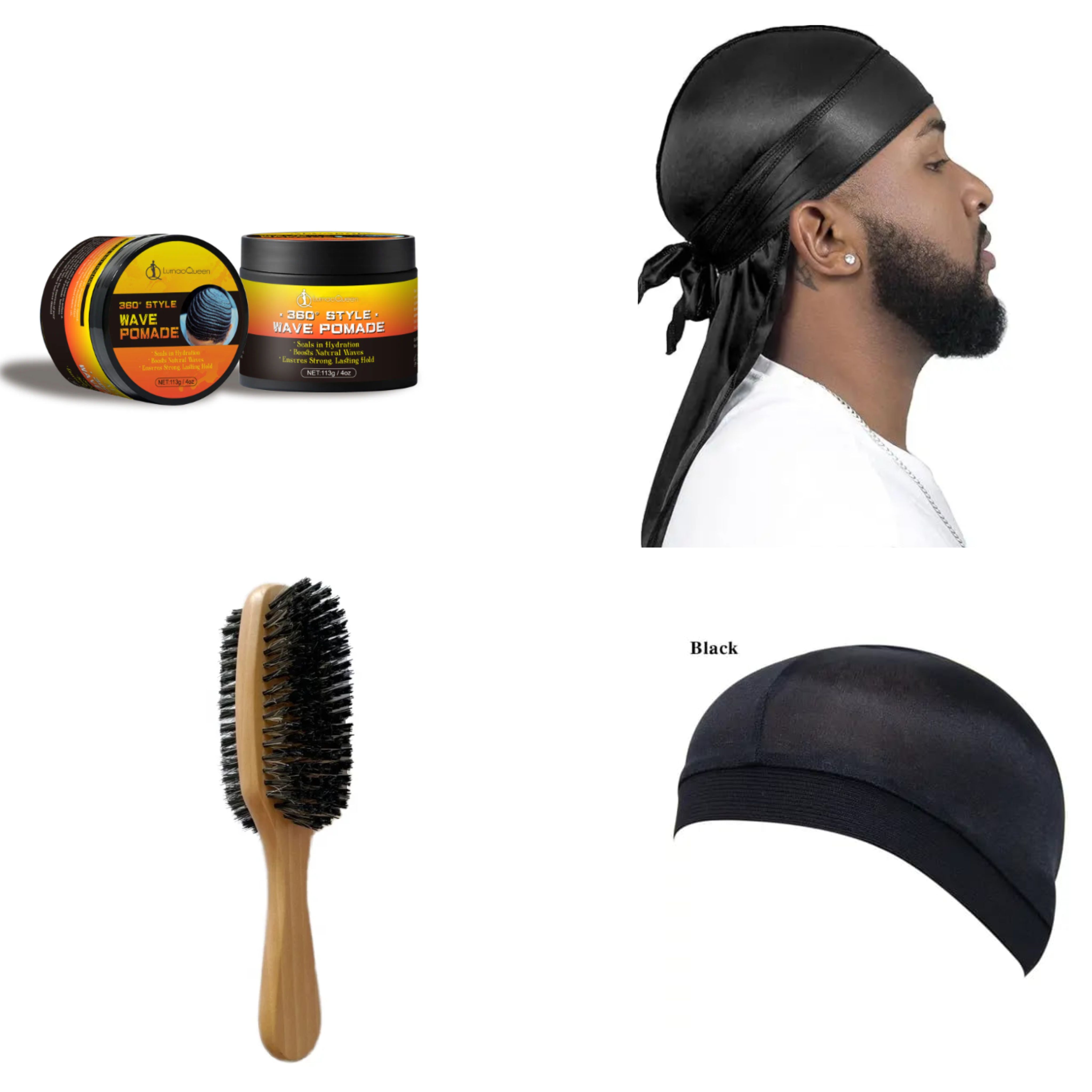 LurnaoQueen Wave Pomade for Men Strong Hold Easy Wash 360 Wave Training Hair Cream, Waves Grease for Men Promotes Layered Waves, Moisture, Control and Silky Shine Pomade Brushe,Silky Durag  & Wave Cap