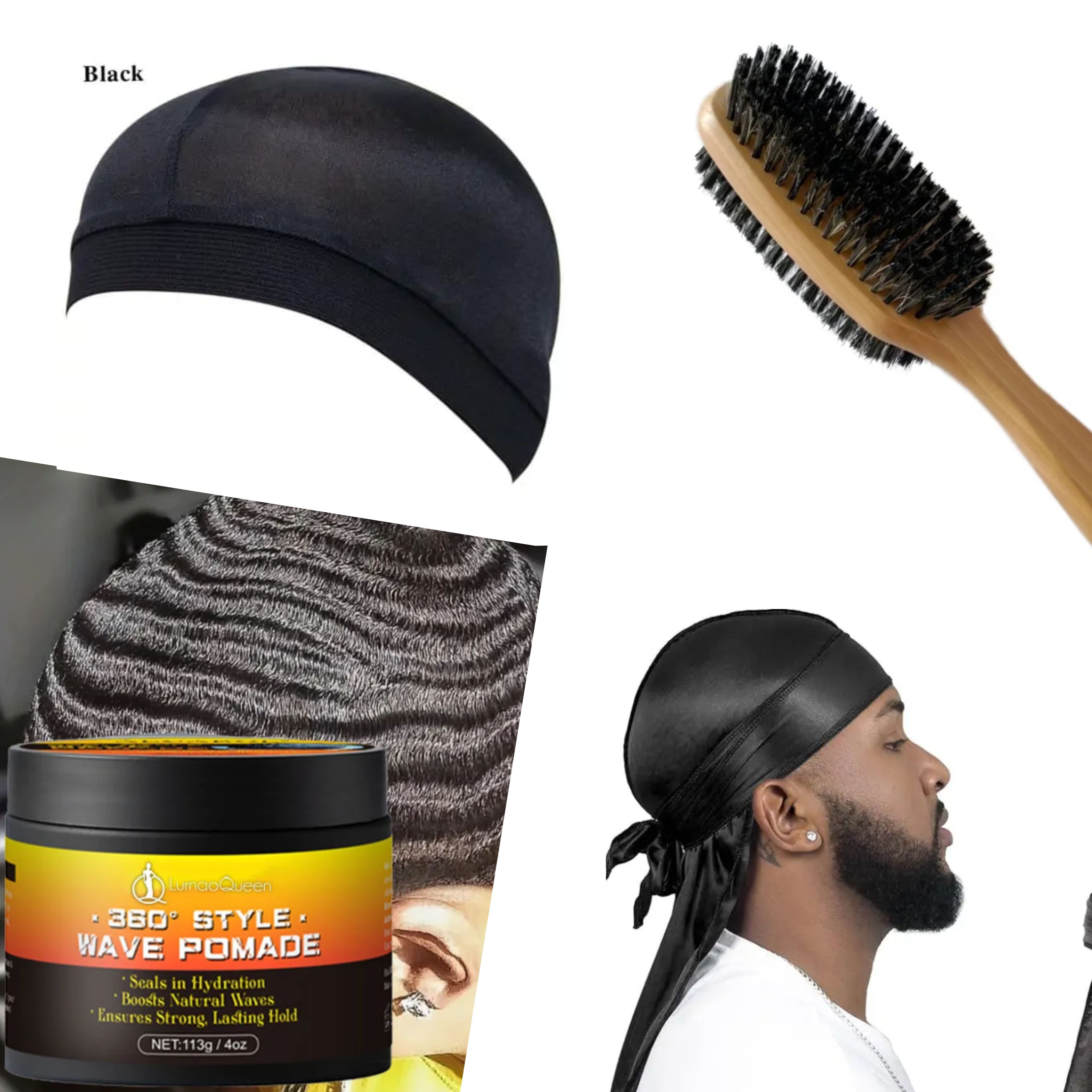 LurnaoQueen Wave Pomade for Men Strong Hold Easy Wash 360 Wave Training Hair Cream, Waves Grease for Men Promotes Layered Waves, Moisture, Control and Silky Shine Pomade Brushe,Silky Durag  & Wave Cap