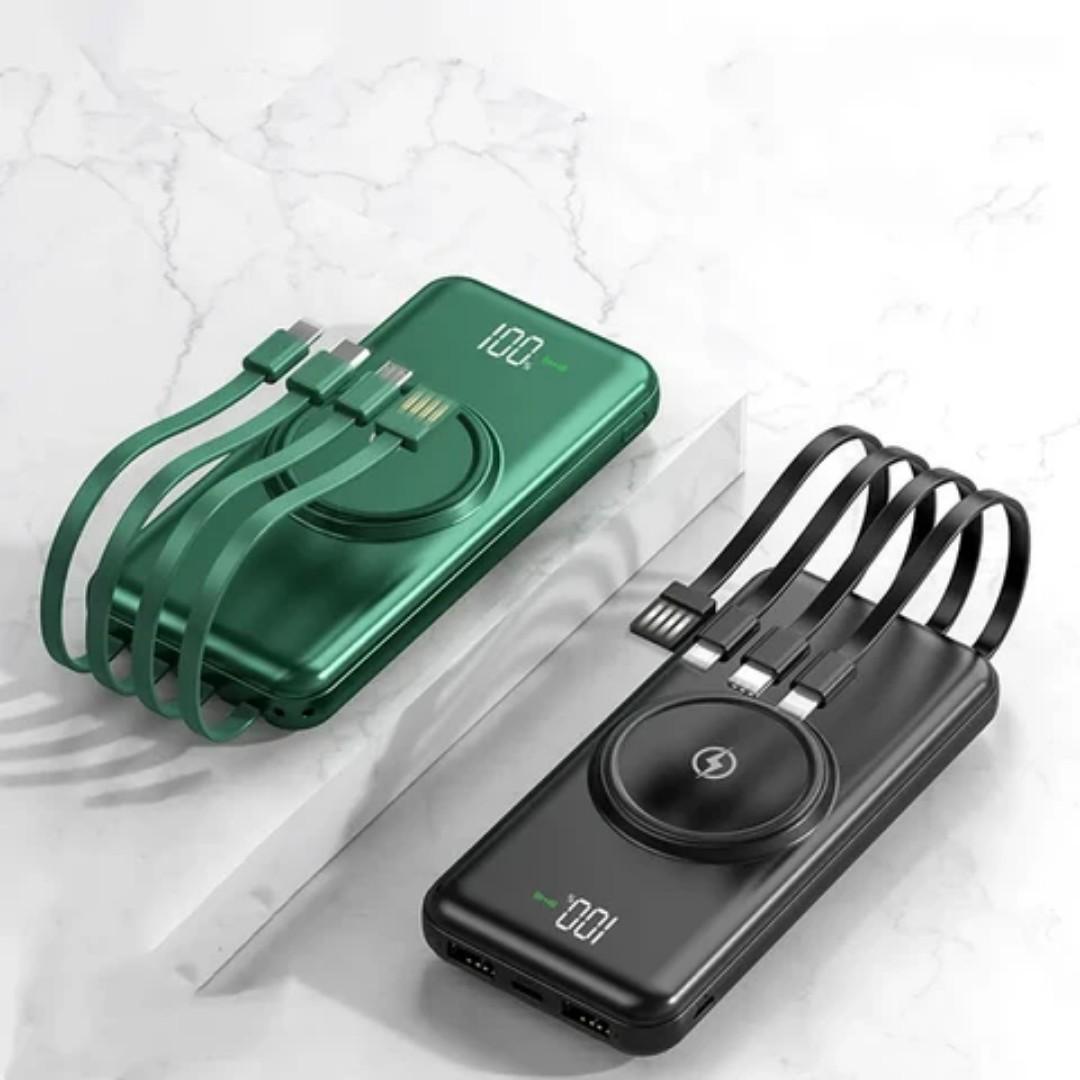 30000MAh wireless charging powerbank with own inbuilt cables for charging iphone, type C, normal micro usb phone