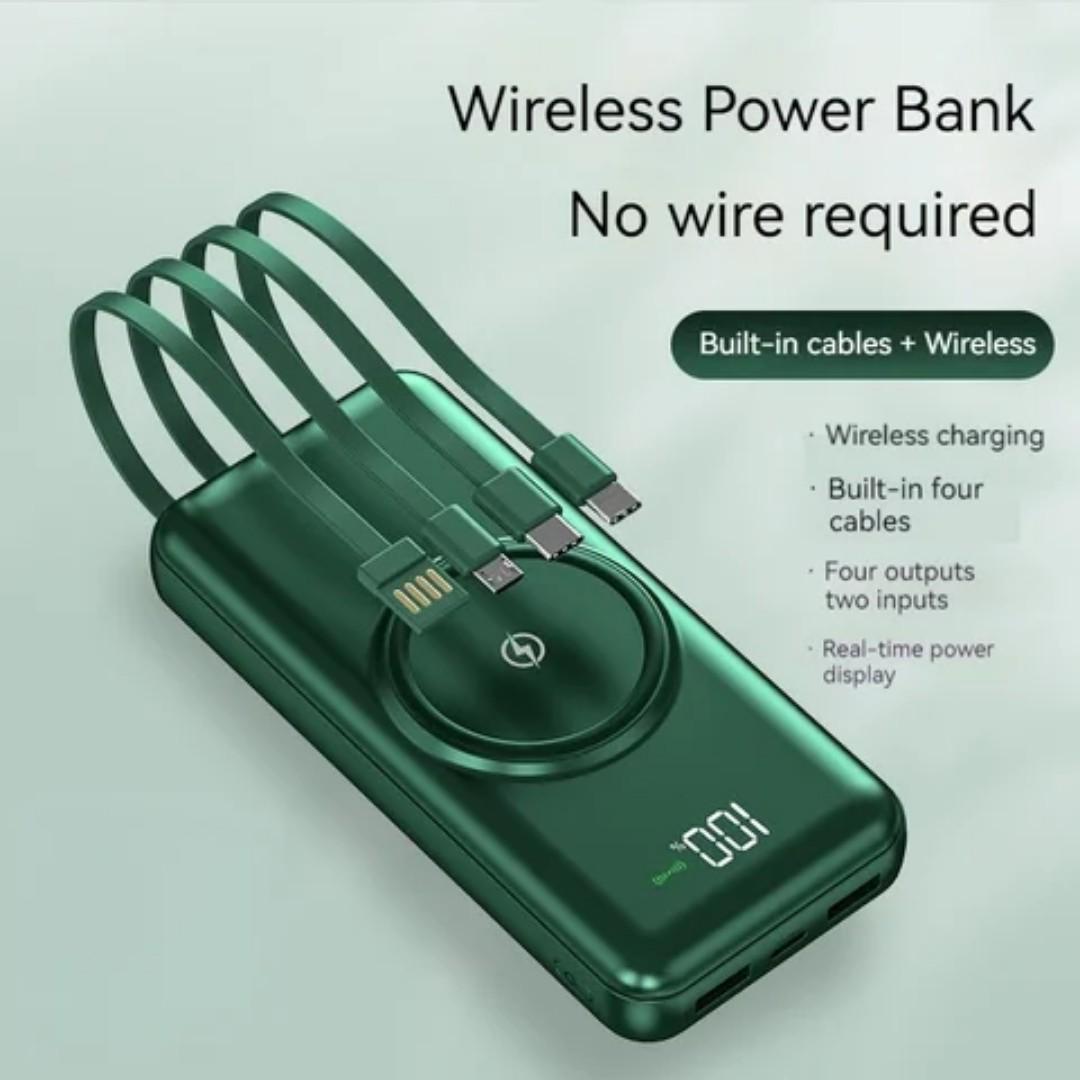 30000MAh wireless charging powerbank with own inbuilt cables for charging iphone, type C, normal micro usb phone
