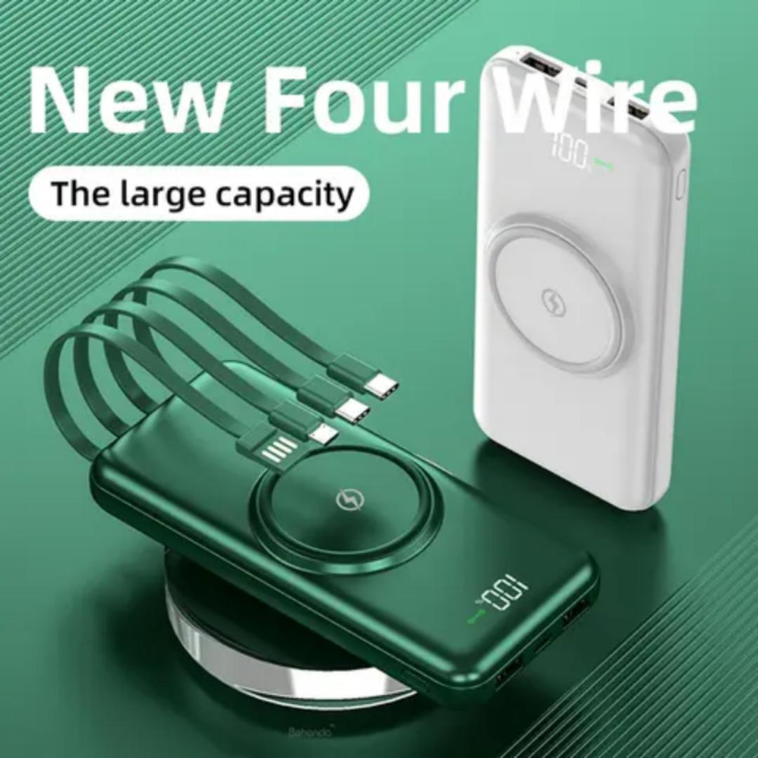 Powerbank 30000MAh wireless charging powerbank (GREEN)with own inbuilt cables for charging iphone, type C, normal micro usb phone