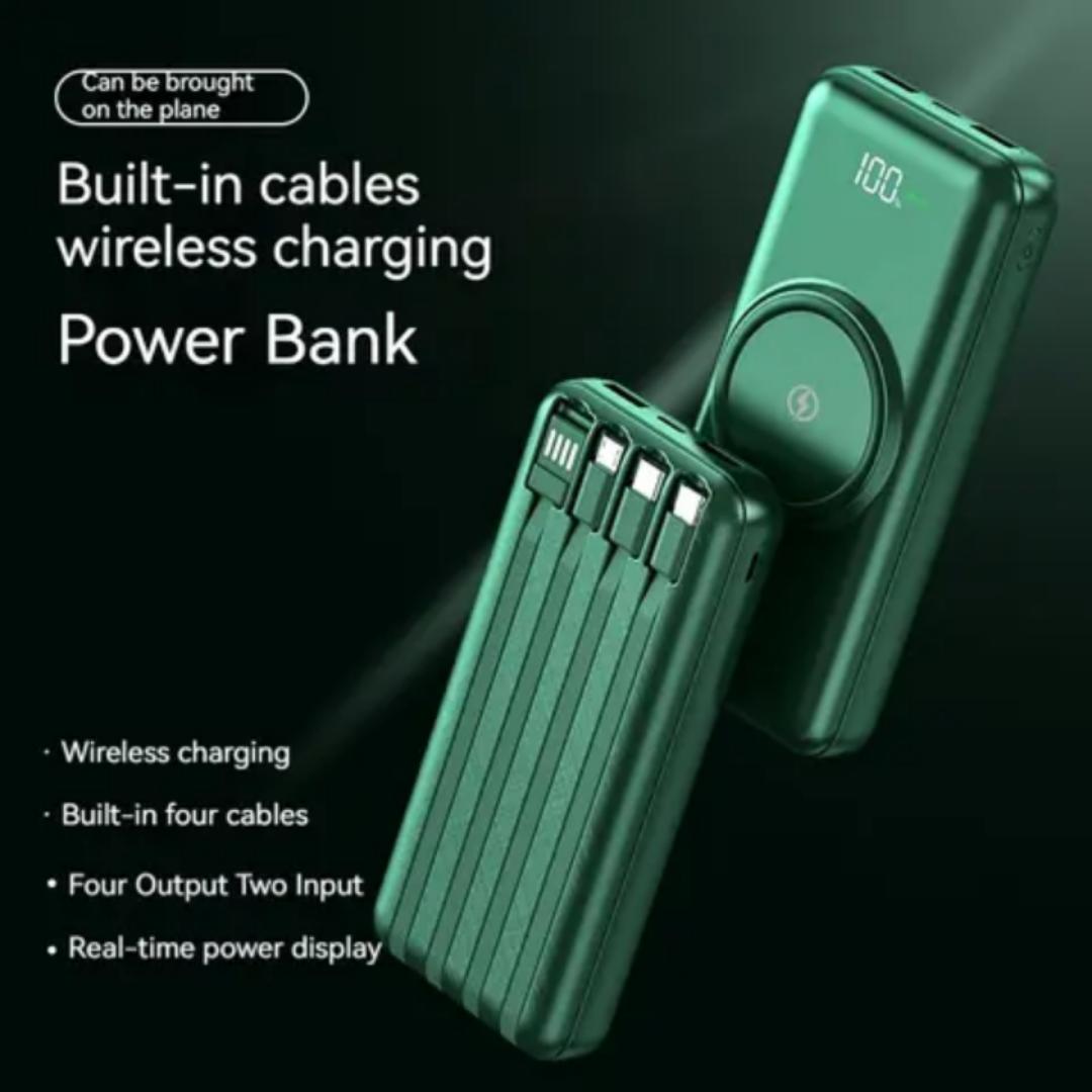 Powerbank 30000MAh wireless charging powerbank (GREEN)with own inbuilt cables for charging iphone, type C, normal micro usb phone
