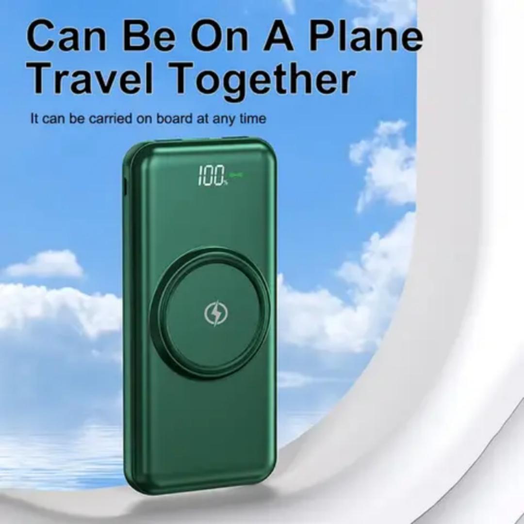 Powerbank 30000MAh wireless charging powerbank (GREEN)with own inbuilt cables for charging iphone, type C, normal micro usb phone