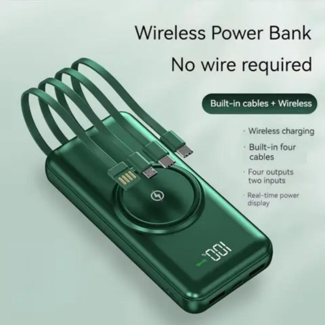 Powerbank 30000MAh wireless charging powerbank (GREEN)with own inbuilt cables for charging iphone, type C, normal micro usb phone