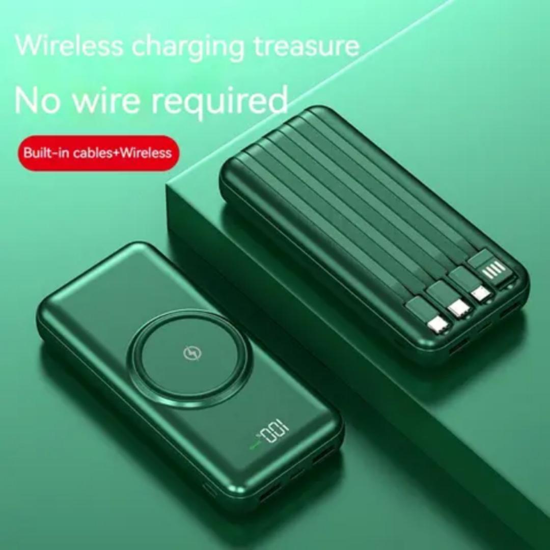 Powerbank 30000MAh wireless charging powerbank (GREEN)with own inbuilt cables for charging iphone, type C, normal micro usb phone