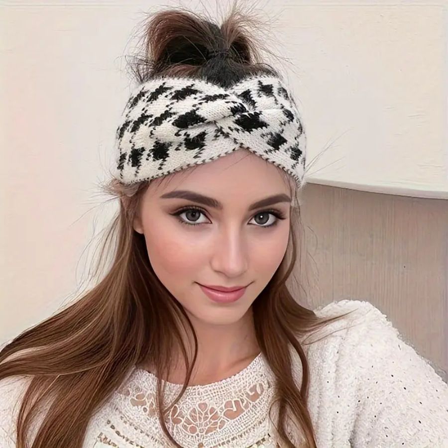 Vintage cross hairband with plaid pattern for women, wide edge, knitted retro sports headscarf, postpartum hairband. Headbands