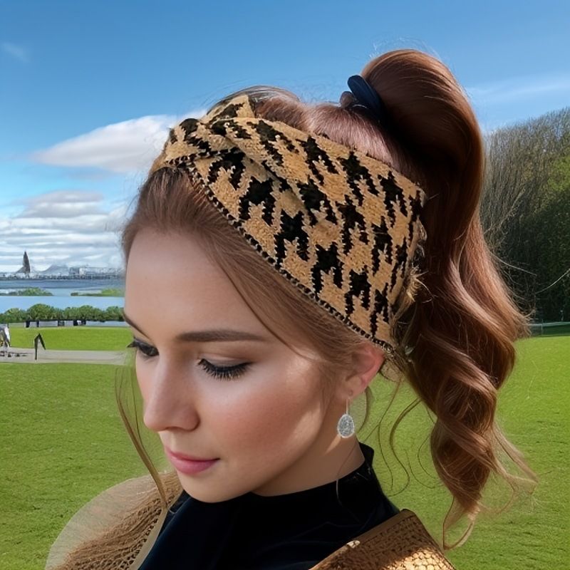 Vintage cross hairband with plaid pattern for women, wide edge, knitted retro sports headscarf, postpartum hairband. Headbands