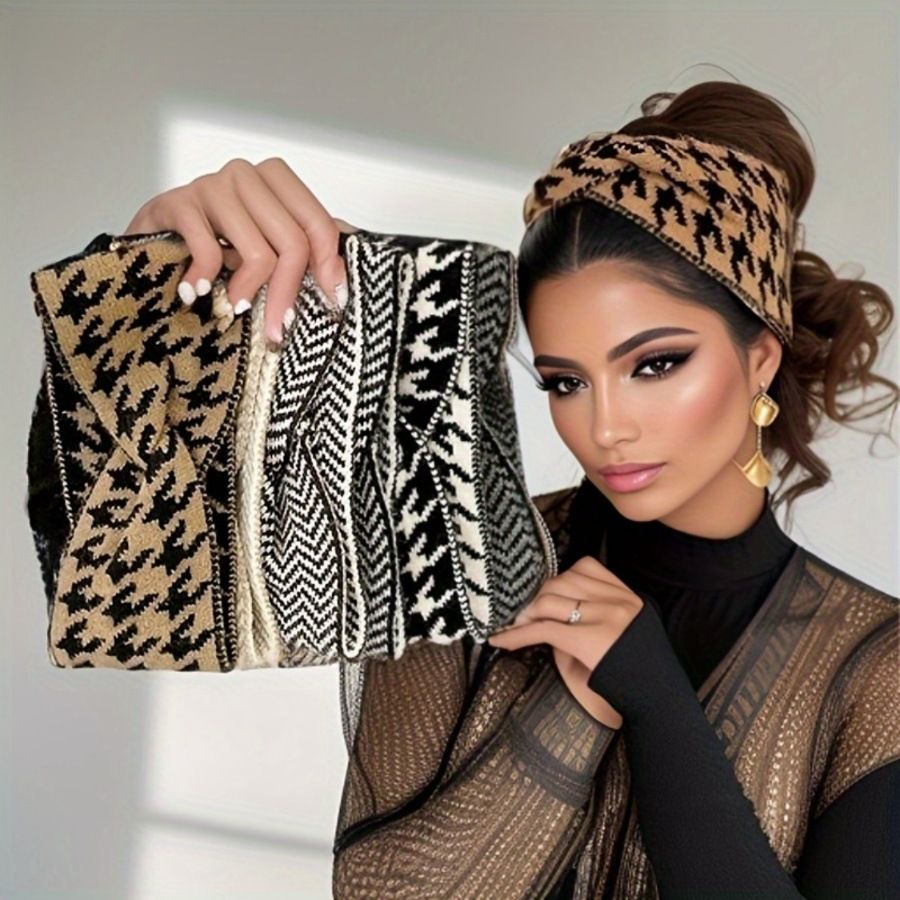 Vintage cross hairband with plaid pattern for women, wide edge, knitted retro sports headscarf, postpartum hairband. Headbands